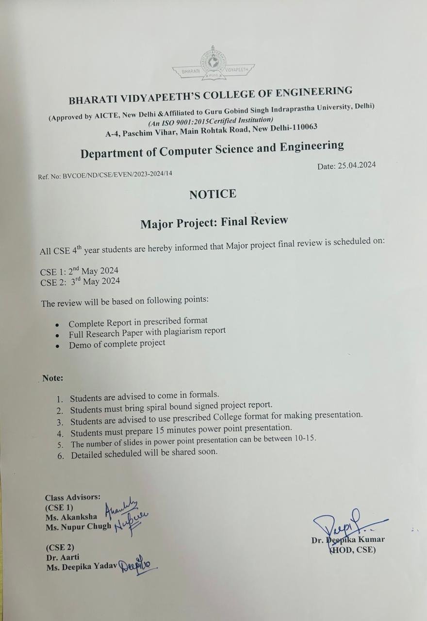Major Project Final Review – Bharati Vidyapeeths College of Engineering